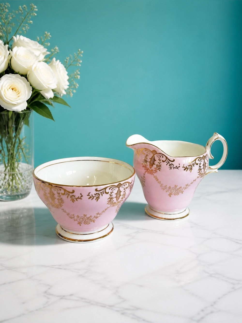 Vintage Queen Anne Pink Gold Scroll Creamer Cream and Sugar